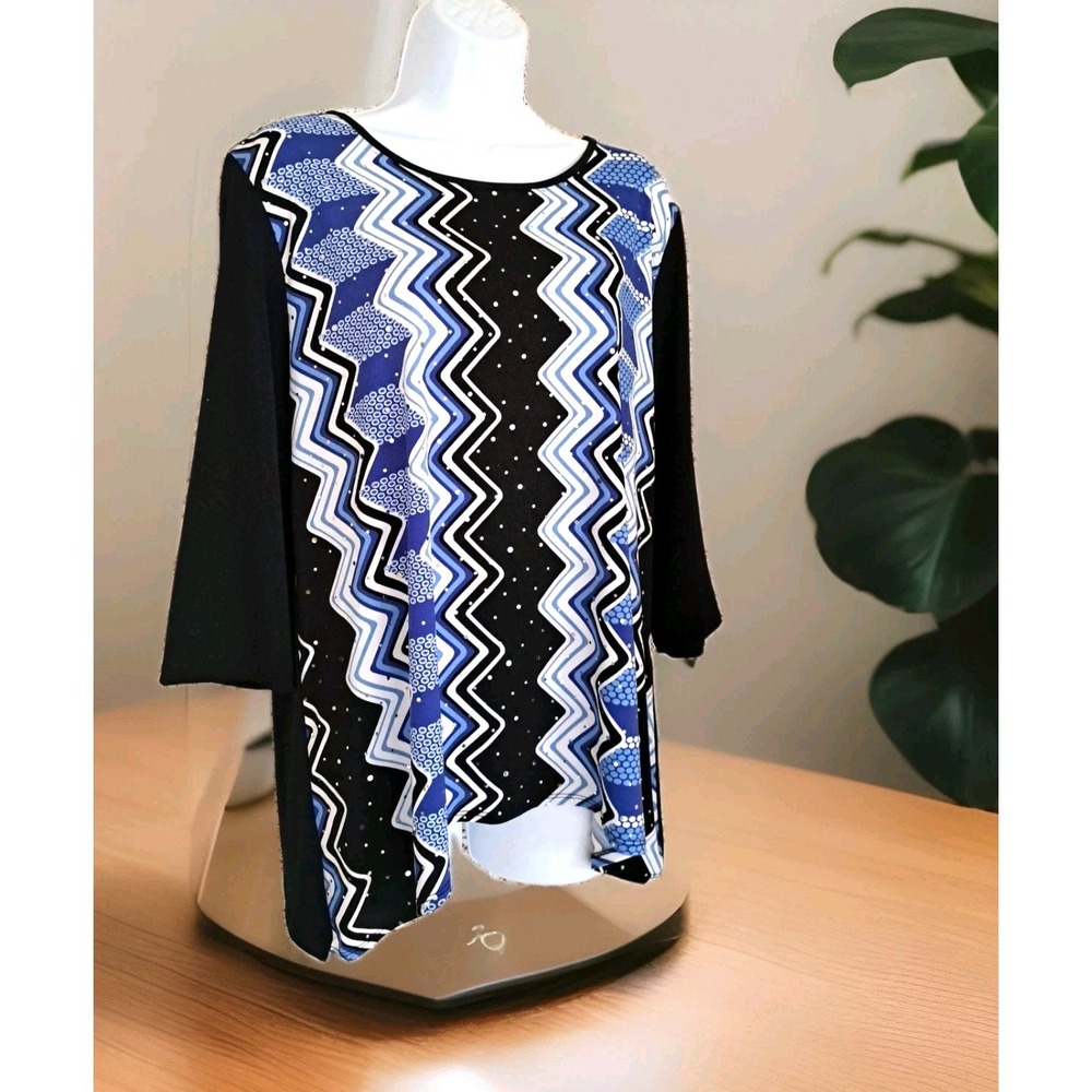 Alfred Dunner Popover Top Black Blue White‎ Chevron Pattern 3/4 Sleeves Bling